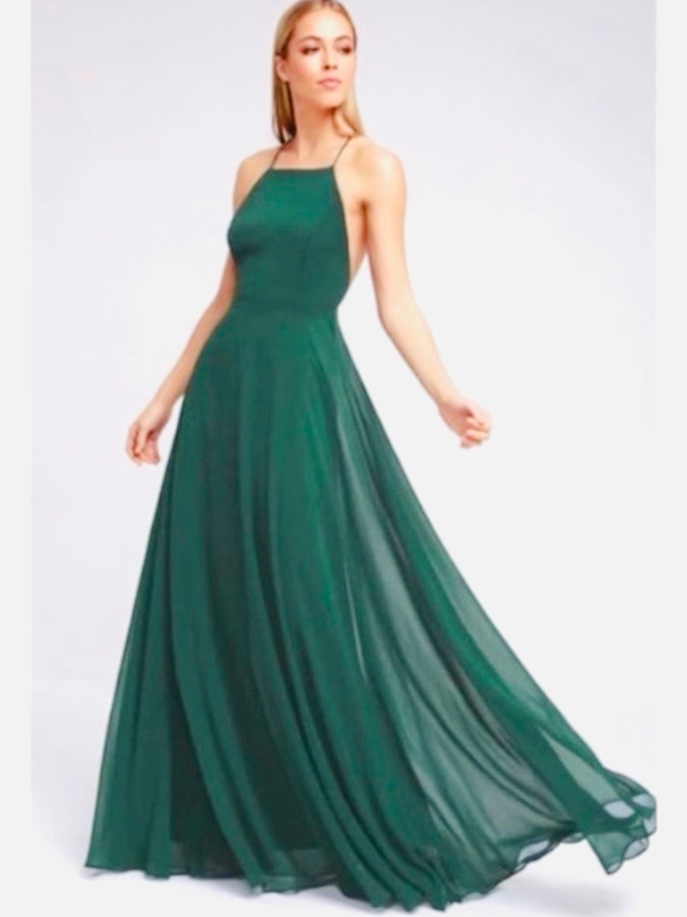 LULUS Forest Green Halter Maxi Evening Dress Sz XS